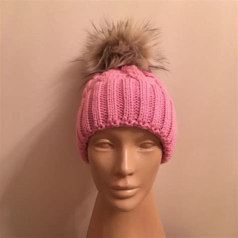 Sale Pink Fur Pom Pom Knit Hat Fur Pom Hat Winter Hat Knit Etsy