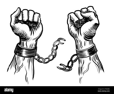 Hands Breaking Chains Hand Drawn Black And White Drawing Stock Photo