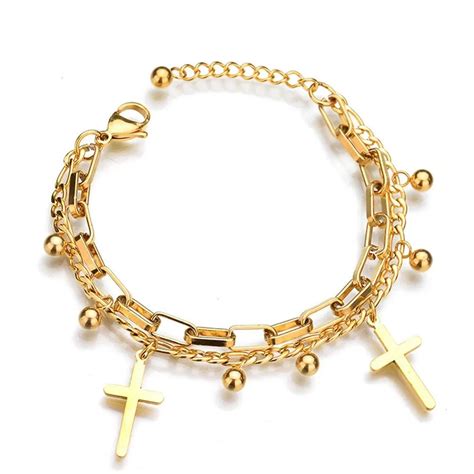 Pulseras Con Dijes De Cruz De Oro De Quilates Para Mujer Pulsera De