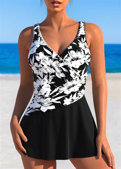 Criss Cross Floral Print Black One Piece Swimdress Modlily Usd