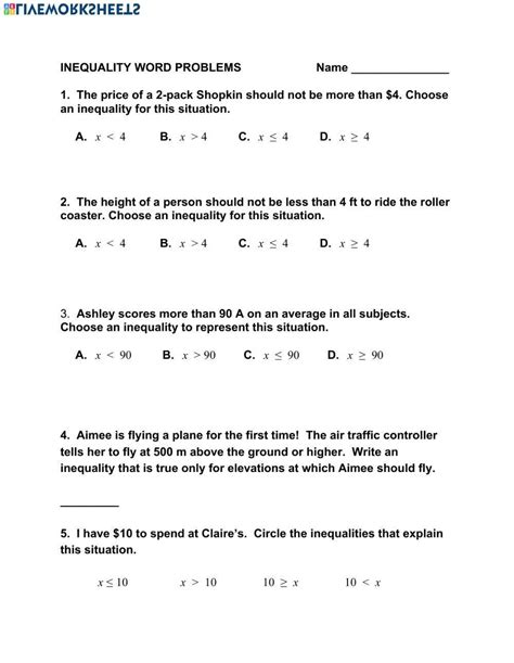 Inequality Word Problems Worksheet Live Worksheets Worksheets Library