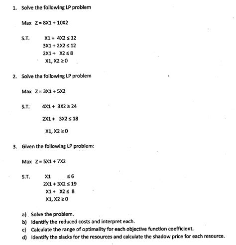 1 Solve The Following Lp Problem Max Z 8x1 10x2