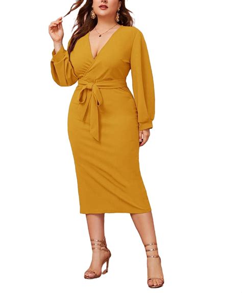 Elegant Solid V Neck Fitted Long Sleeve Mustard Yellow Plus Size Dresses Women S