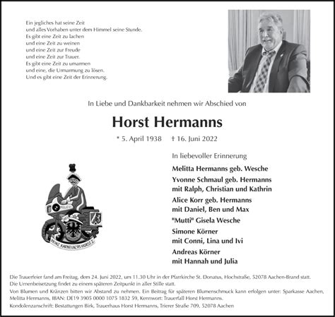 Traueranzeigen Von Horst Hermanns Aachen Gedenkt