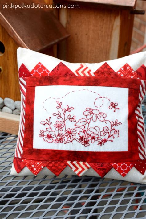 Redwork Garden Accent Pillow Pink Polka Dot Creations