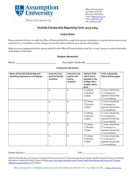 Fillable Online Bursar S Office Outside Scholarship Reporting Form Fax