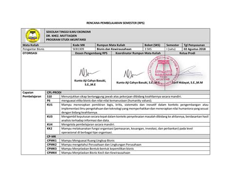 Rps Contoh Pengantar Bisnis Rencana Pembelajaran Semester Rps