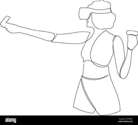 Virtual Reality Gaming Continuous One Line Drawing Woman In Vr Glasses Holding Motion