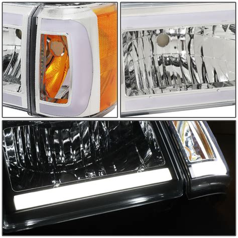 [led Drl]for 87 91 Ford F150 F250 F350 Bronco Chrome Amber Corner Headlight Lamp Ebay