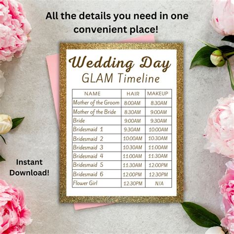 Wedding GLAM Hair And Makeup Timeline Printable Wedding Day Itinerary