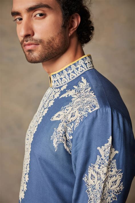 Buy Blue Moonga Silk Embroidered Floral Kurta Set For Men By Gargee