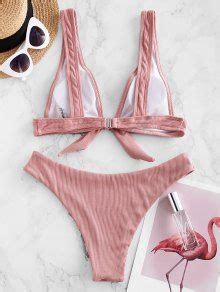 ZAFUL Ribbed Tied Plunging High Leg Bikini Swimsuit In KHAKI ROSE