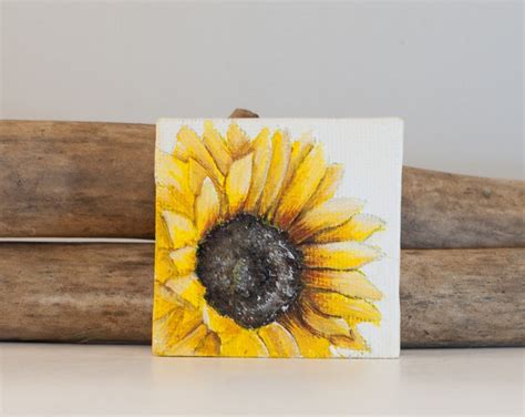 Sunflower Miniature Painting on Tiny Canvas, Rustic Mini Canvas ...