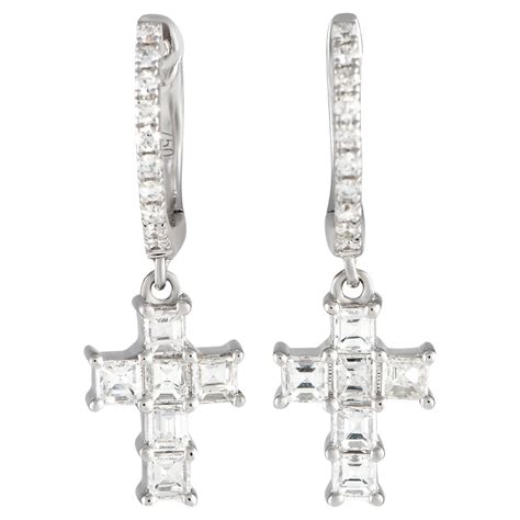 Lb Exclusive 18k White Gold 065ct Diamond Hoop Cross Drop Earrings