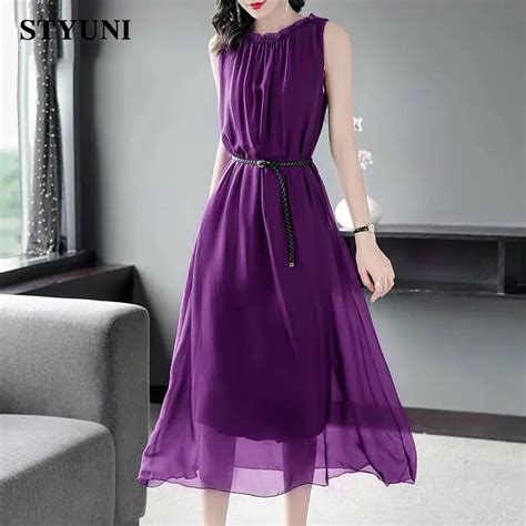 Purple Elegant Ruffled A Line Sleeveless Pullover With Belt Women S Korean Fashion Knee Length