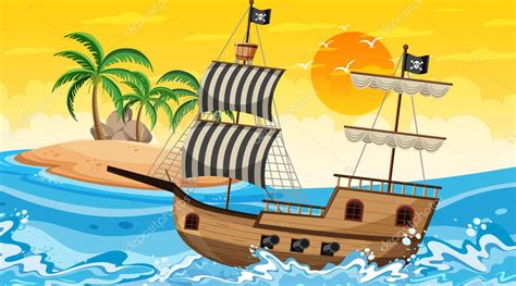 Océano Con Barco Pirata Al Atardecer Escena En La Ilustración De Estilo