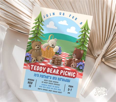 Editable Teddy Bear Picnic Invitation Bear Birthday Cute Teddy Etsy