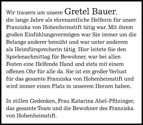 Traueranzeigen von Gretel Bauer Kreiszeitung Böblinger Bote