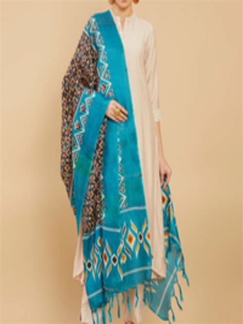 Buy Soch Blue White Floral Printed Linen Dupatta Dupatta For Women