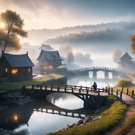 Small Settlement Foggy Bridge And River Dramatic