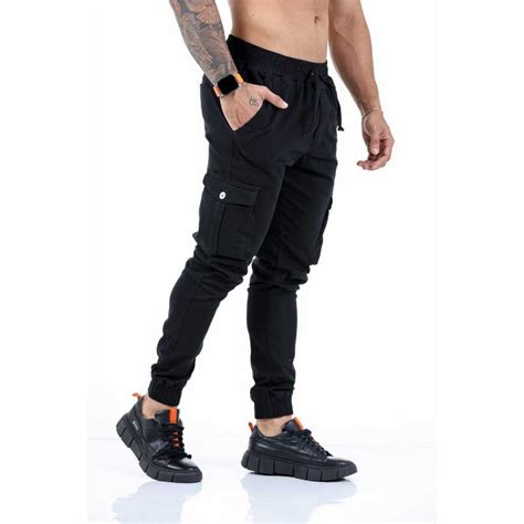 Calças Cargo Masculinas Jogger Lycra Bolso Lateral Top Deversas