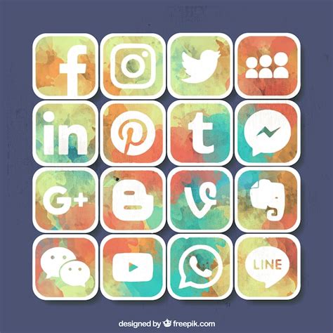 Set Of Social Media Watercolor Icons Free Vector