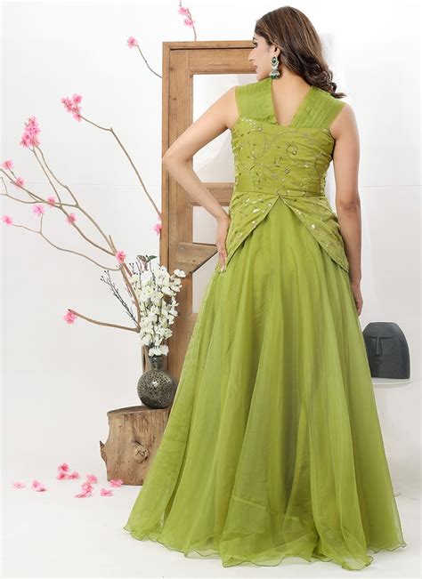 Shop Teen Girls Green Embroidered Organza Gown Party Wear Online At