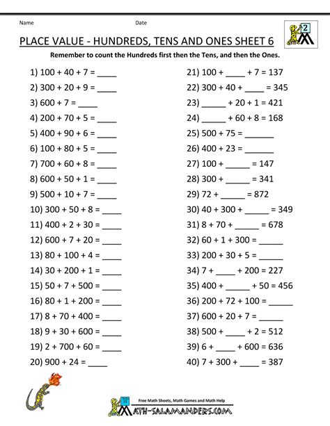 Place Value Hundreds Worksheets