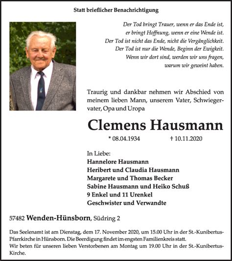 Traueranzeigen Von Clemens Hausmann Trauer In NRW De