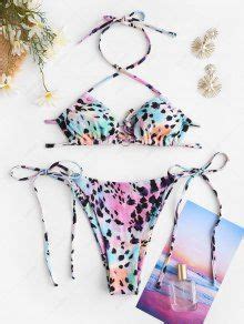 Zaful Skimpy Leopard Ribbed O Ring Tie String Bikini Swimwear In Multi