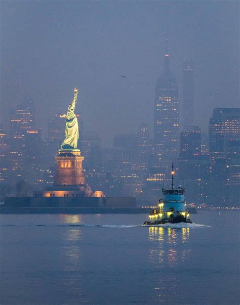 Statue of Liberty and New York Harbor New York in the Fog Maritime Tug Boat New York City ...