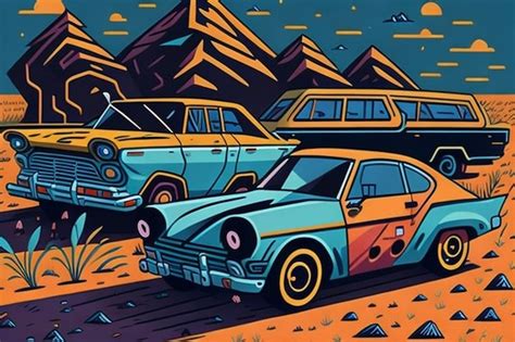 Ilustración de dibujos animados psicodélicos de coches en estilo