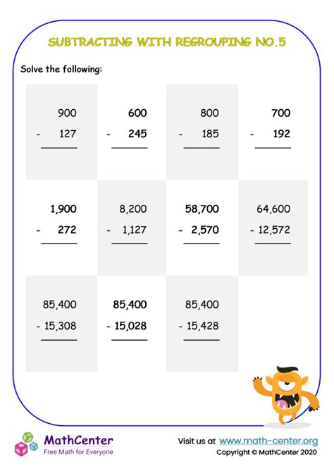 Fourth Grade Worksheets Multi Digit Subtraction With Regrouping Math Center