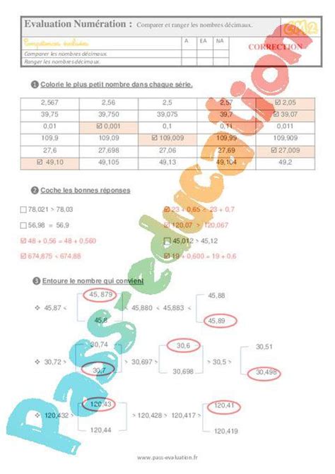 Comparer et ranger les nombres décimaux au CM2 Evaluation QCM Quiz