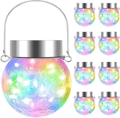 LINLIN 8 Pack Solar Hanging Lights Outdoor Cracked Glass Solar Ball