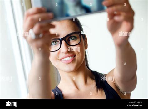 Cute Brunette Woman Taking Photo Of Herself Stock Photo Alamy
