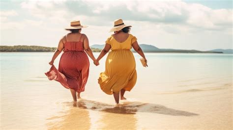 Premium Photo Happy Plus Size Women Having Fun Walking On The Beach