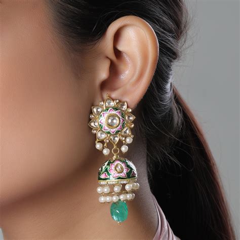 Jadau Polki Meenakari Lotus Jhoomar Earrings - Jaipur Jewels