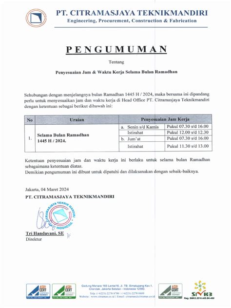 Pengumuman Jam Kerja Puasa 1445h 2024 Pdf
