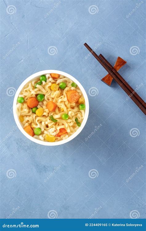 Ramen Cup Instant Soba Noodles In A Plastic Cup Overhead Shot With