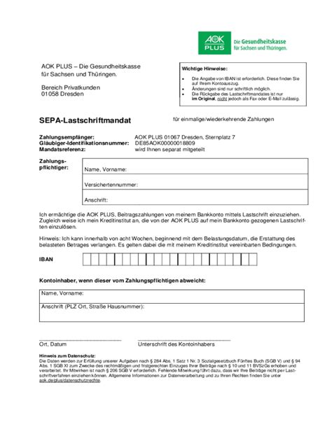 2018 2025 Formular DE AOK Plus SEPA Lastschriftmandat Online ausfüllen