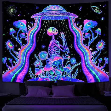 Galoker Blacklight Skeleton Tapestry Trippy Mushroom Floral