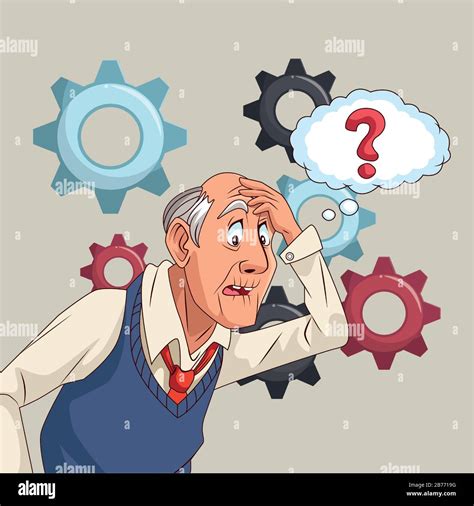 Old Man Patient Of Alzheimer Disease With Interrogation Sign And Gears