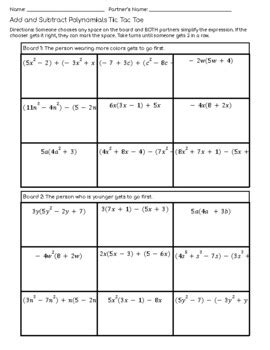 Add And Subtract Polynomials Tic Tac Toe By Maggie Sloane TPT