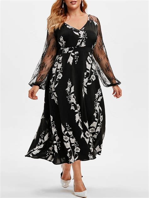 Plus Size Lace Sleeve Floral Print Dress 43 Off Rosegal