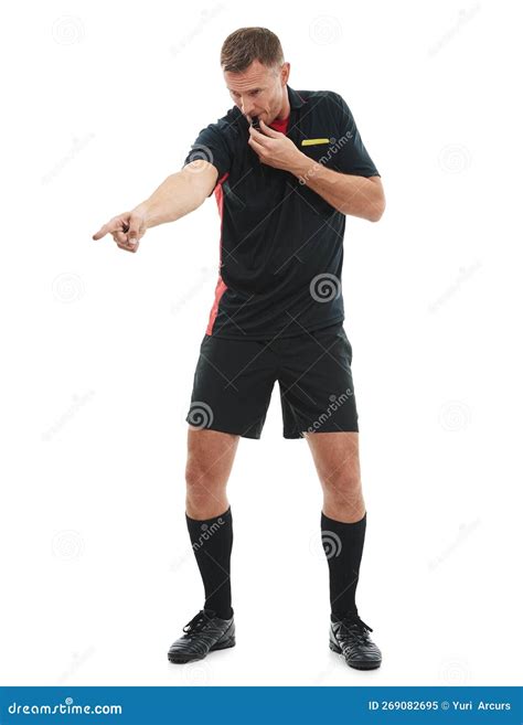 Sports Whistle And Male Referee In A Studio Pointing For A Soccer Game