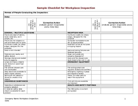 Workplace Inspection Checklist Sample Safety Driven Tscbc