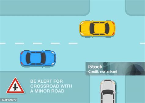 Safe Car Driving And Traffic Regulation Rules Top View Of A Car Reaching The Crossroad With A