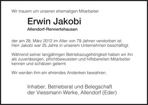 Traueranzeigen Von Erwin Jakobi Trauer Hna De