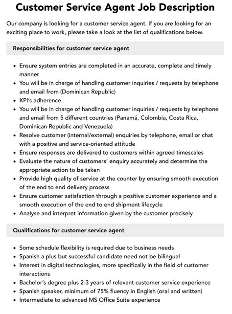 Customer Service Agent Job Description Velvet Jobs